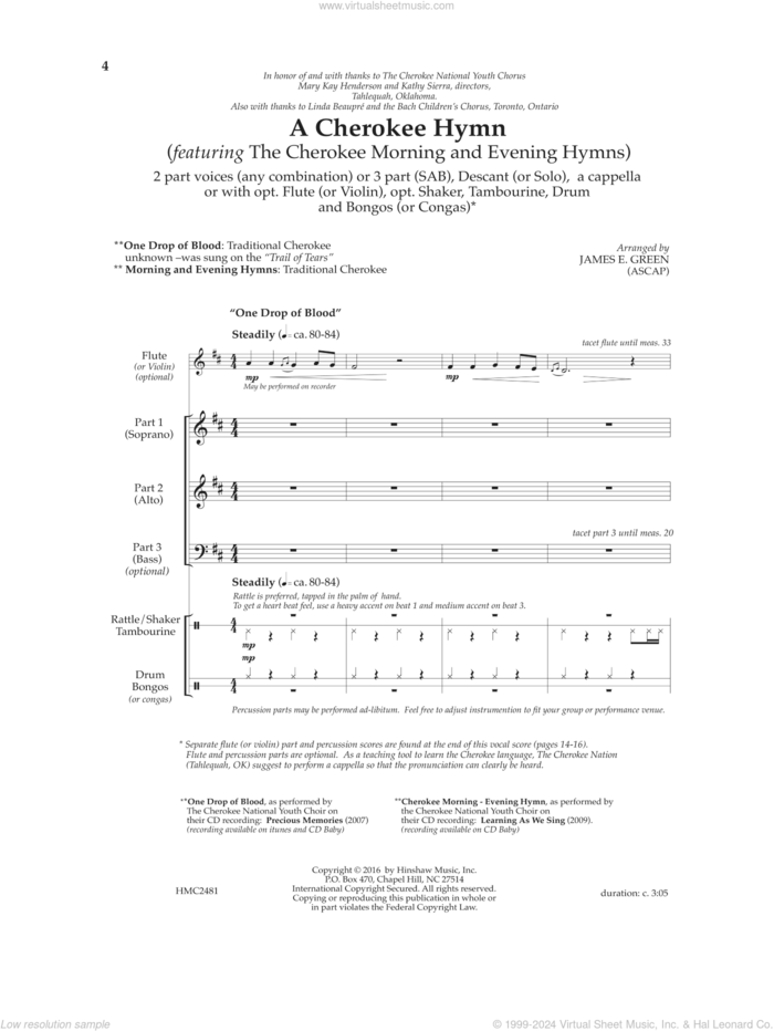 A Cherokee Hymn sheet music for choir (SAB: soprano, alto, bass) by James E. Green, intermediate skill level