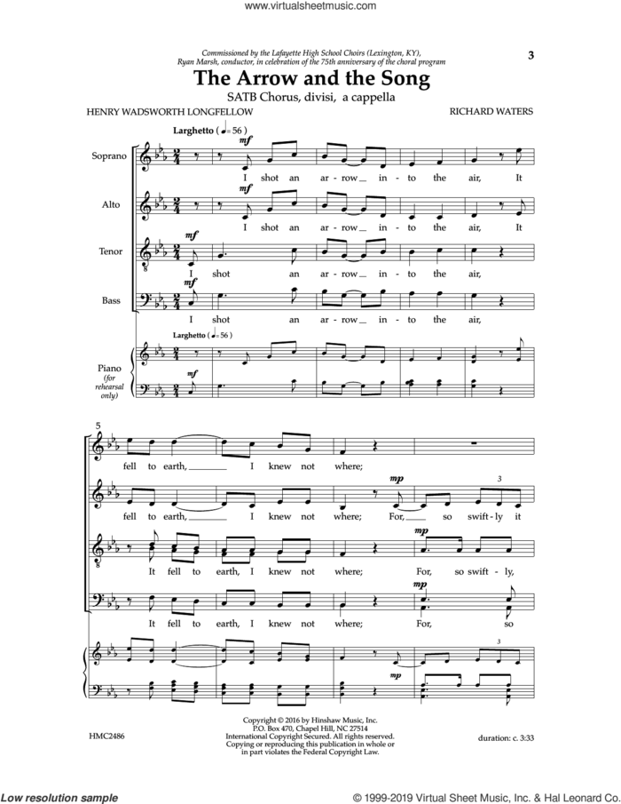 The Arrow And The Song sheet music for choir (SATB: soprano, alto, tenor, bass) by Richard Waters and Henry Wadsworth Longfellow, intermediate skill level
