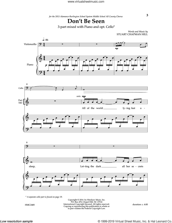 Don't Be Seen sheet music for choir (3-Part Mixed) by Stuart Chapman Hill, intermediate skill level