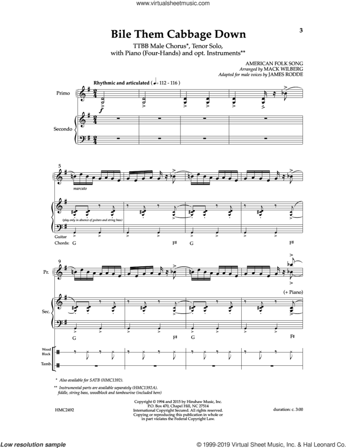 Bile Them Cabbage Down (adapt. James Rodde) sheet music for choir (TTBB: tenor, bass) by Mack Wilberg and James Rodde, intermediate skill level