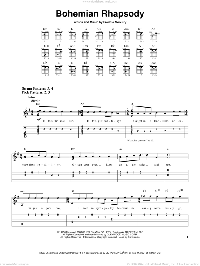 Bohemian Rhapsody sheet music for guitar solo (chords) by Queen and Freddie Mercury, easy guitar (chords)
