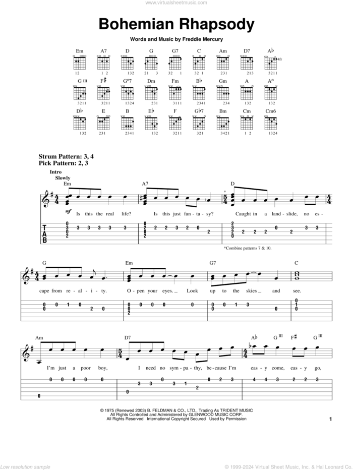 Bohemian Rhapsody sheet music for guitar solo (easy tablature) by Queen and Freddie Mercury, easy guitar (easy tablature)