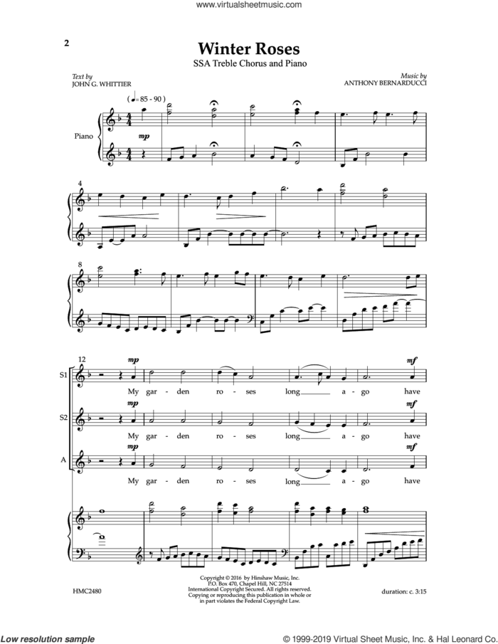 Winter Roses sheet music for choir (SSA: soprano, alto) by Anthony Bernarducci and John Greenleaf Whittier, intermediate skill level