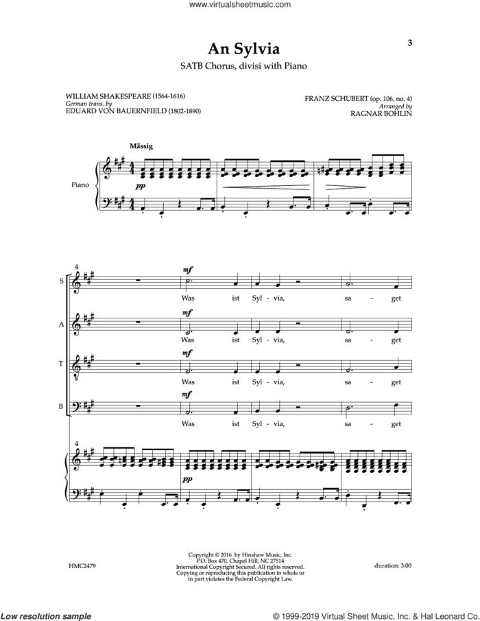 An Sylvia (op. 106, No. 4) (arr. Ragnar Bohlin) sheet music for choir (SATB: soprano, alto, tenor, bass) by Franz Schubert, Ragnar Bohlin and William Shakespeare, intermediate skill level