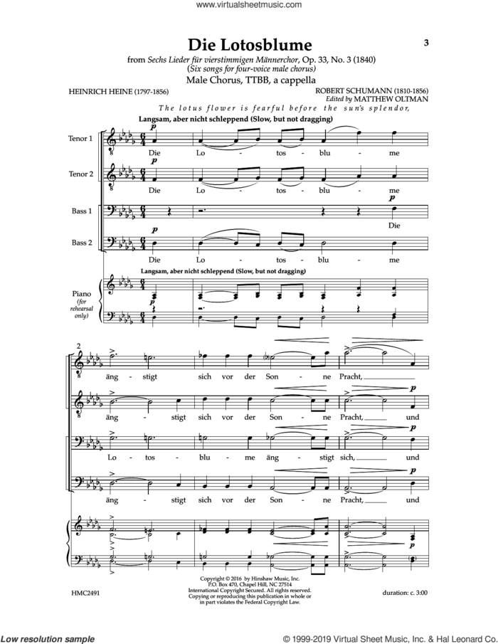 Die Lotosblume (Ed. Matthew D. Oltman) sheet music for choir (TTBB: tenor, bass) by Robert Schumann, Matthew Oltman and Heinrich Hein, intermediate skill level