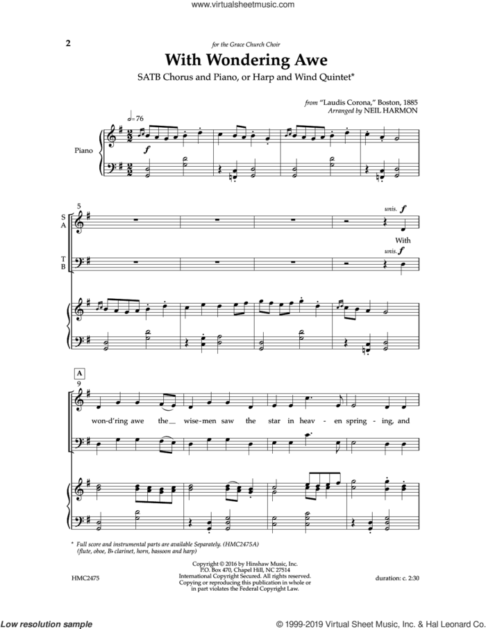 With Wondering Awe sheet music for choir (SATB: soprano, alto, tenor, bass) by Neil Harmon, intermediate skill level