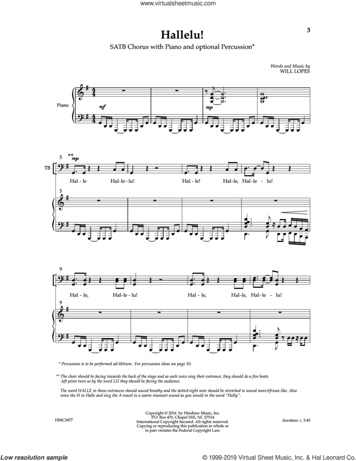 Hallelu sheet music for choir (SATB: soprano, alto, tenor, bass) by Will Lopes, intermediate skill level