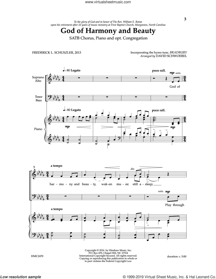 God Of Harmony And Beauty sheet music for choir (SATB: soprano, alto, tenor, bass) by David Showoebel and Frederick L. Schuszler, intermediate skill level