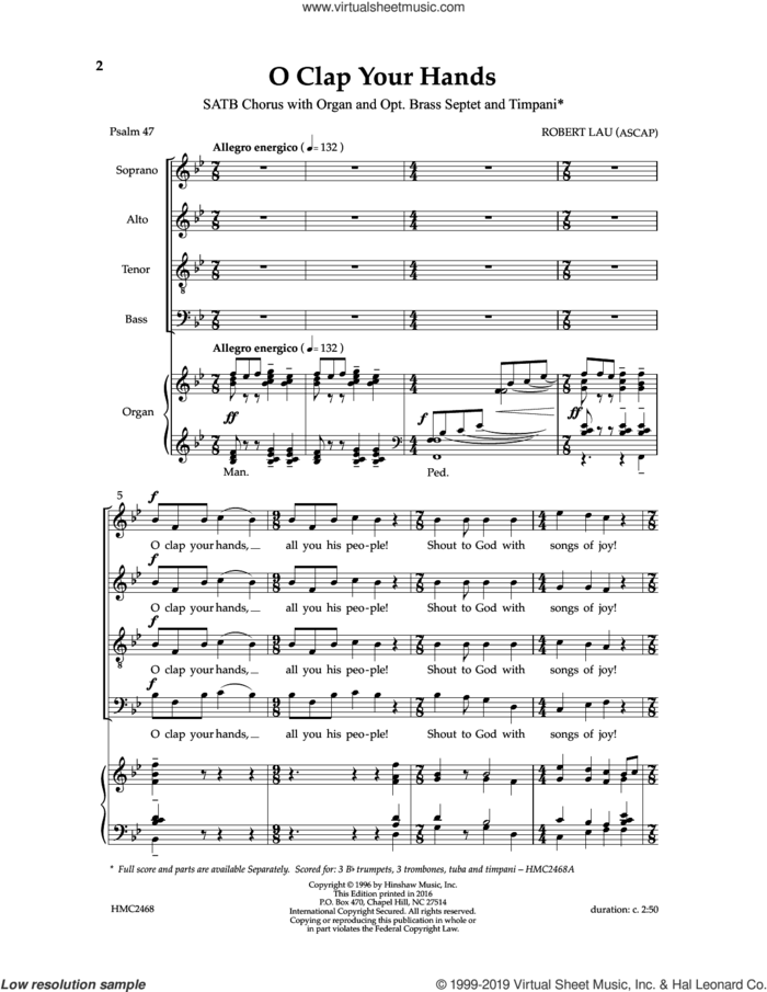 O Clap Your Hands sheet music for choir (SATB: soprano, alto, tenor, bass) by Robert Lau, intermediate skill level