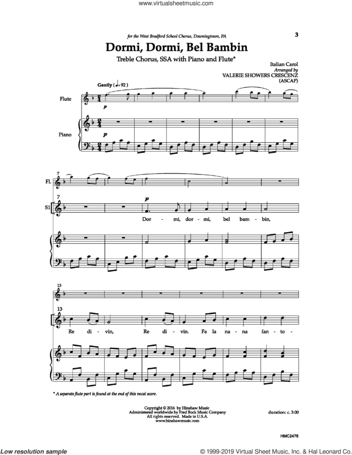 Dormi, Dormi, Bel Bambin sheet music for choir (SSA: soprano, alto) by Valerie Crescenz and Valerie J. Crescenz, intermediate skill level