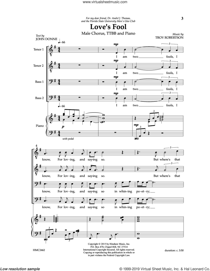 Love's Fool sheet music for choir (TTBB: tenor, bass) by Troy Robertson and John Donne, intermediate skill level