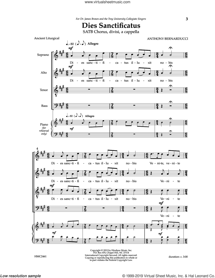 Dies Sanctificatus sheet music for choir (SATB: soprano, alto, tenor, bass) by Anthony Bernarducci, intermediate skill level