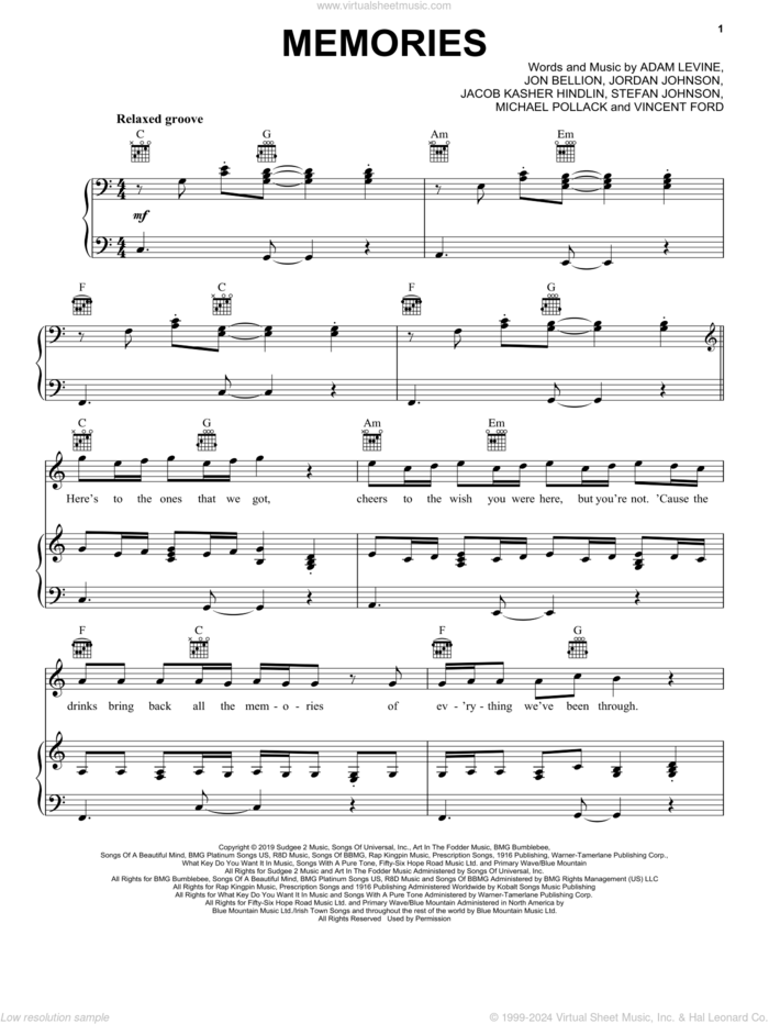 Memories sheet music for voice, piano or guitar by Maroon 5, Adam Levine, Jacob Kasher Hindlin, Jon Bellion, Michael Pollack, Stefan Johnson and Vincent Ford, intermediate skill level