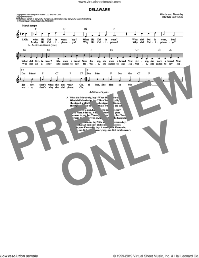 Delaware sheet music for voice and other instruments (fake book) by Perry Como and Irving Gordon, intermediate skill level