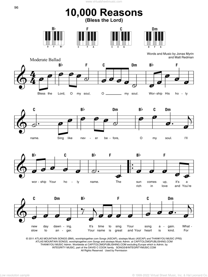 10,000 Reasons (Bless The Lord), (beginner) sheet music for piano solo by Matt Redman and Jonas Myrin, beginner skill level