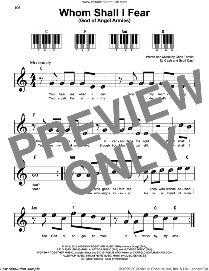 Whom Shall I Fear (God Of Angel Armies) sheet music for piano solo by Chris Tomlin, Ed Cash and Scott Cash, beginner skill level