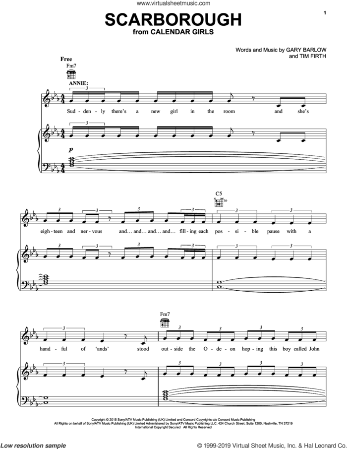 Scarborough (from Calendar Girls the Musical) sheet music for voice, piano or guitar by Gary Barlow, Gary Barlow and Tim Firth and Tim Firth, intermediate skill level
