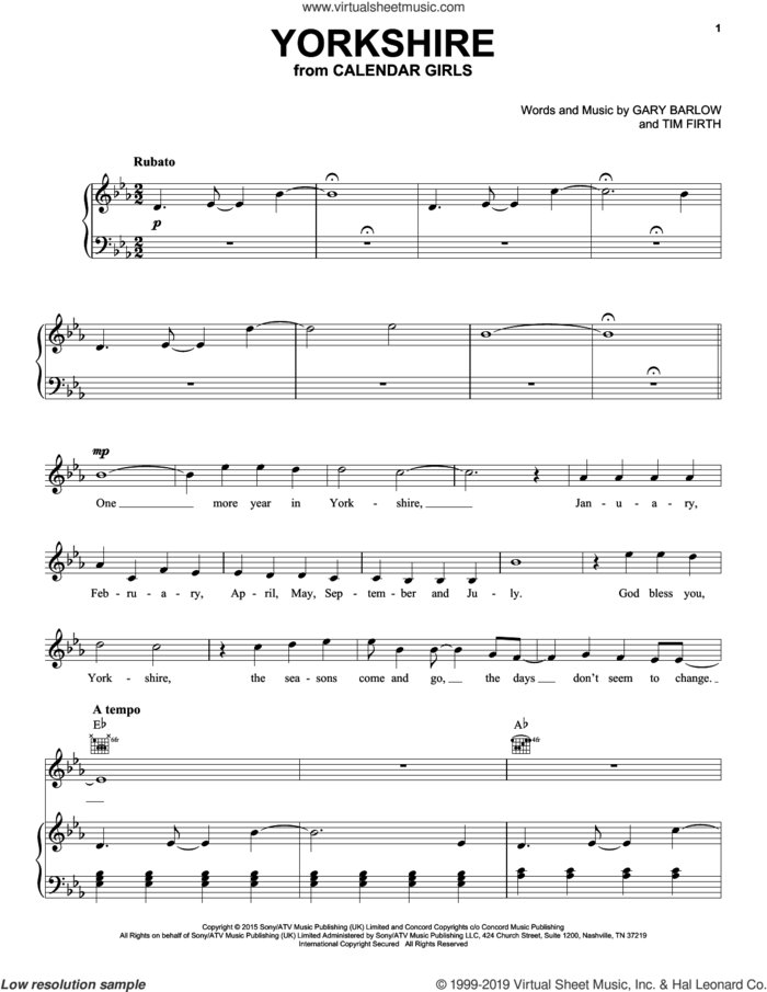 Yorkshire (from Calendar Girls the Musical) sheet music for voice, piano or guitar by Gary Barlow, Gary Barlow and Tim Firth and Tim Firth, intermediate skill level