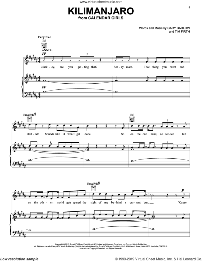 Kilimanjaro (from Calendar Girls the Musical) sheet music for voice, piano or guitar by Gary Barlow, Gary Barlow and Tim Firth and Tim Firth, intermediate skill level