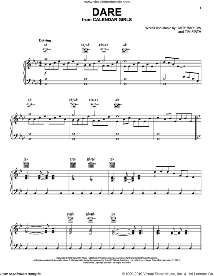 Dare (from Calendar Girls the Musical) sheet music for voice, piano or guitar by Gary Barlow, Gary Barlow and Tim Firth and Tim Firth, intermediate skill level