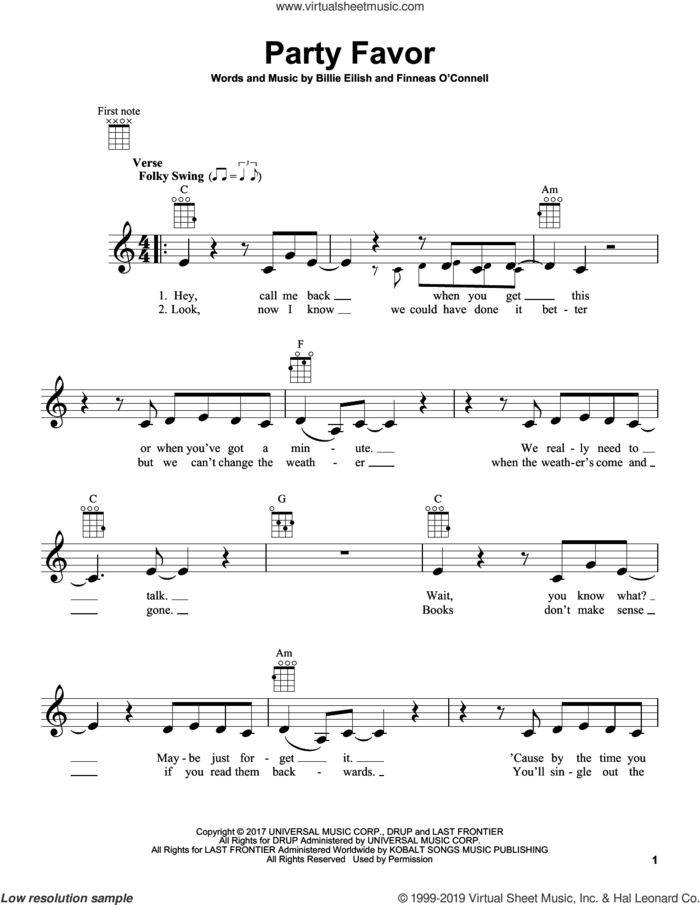 party favor sheet music for ukulele by Billie Eilish, intermediate skill level