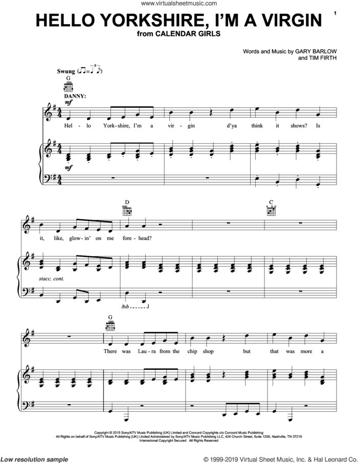 Hello Yorkshire, I'm A Virgin (from Calendar Girls the Musical) sheet music for voice, piano or guitar by Gary Barlow, Gary Barlow and Tim Firth and Tim Firth, intermediate skill level