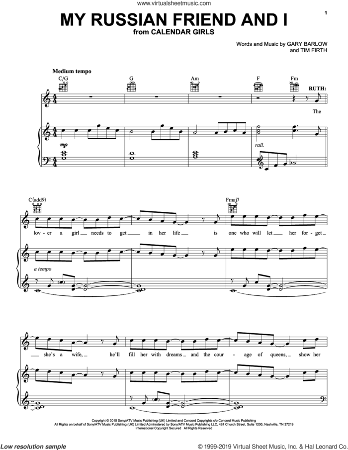 My Russian Friend And I (from Calendar Girls the Musical) sheet music for voice, piano or guitar by Gary Barlow, Gary Barlow and Tim Firth and Tim Firth, intermediate skill level