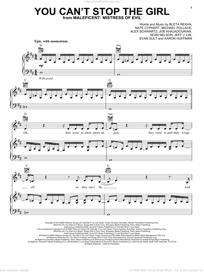 You Can't Stop The Girl (from Disney's Maleficent: Mistress of Evil) sheet music for voice, piano or guitar by Bebe Rexha, Aaron Huffman, Alex Schwartz, Bleta Rexha, Evan Sult, Jeff J. Lin, Joe Khajadourian, Michael Pollack, Nate Cyphert and Sean Nelson, intermediate skill level