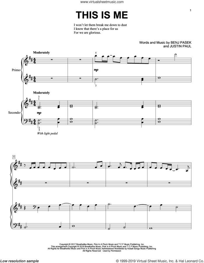 This Is Me (from The Greatest Showman) sheet music for piano four hands by Pasek & Paul, Benj Pasek and Justin Paul, intermediate skill level