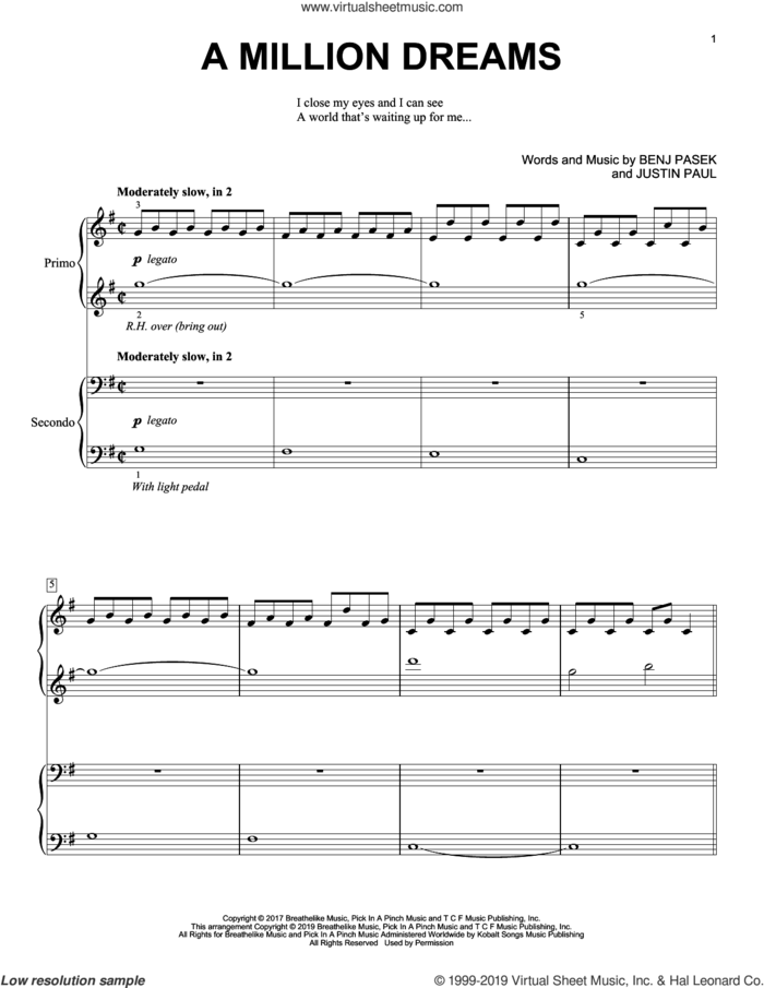 A Million Dreams (from The Greatest Showman) sheet music for piano four hands by Pasek & Paul, Benj Pasek and Justin Paul, intermediate skill level