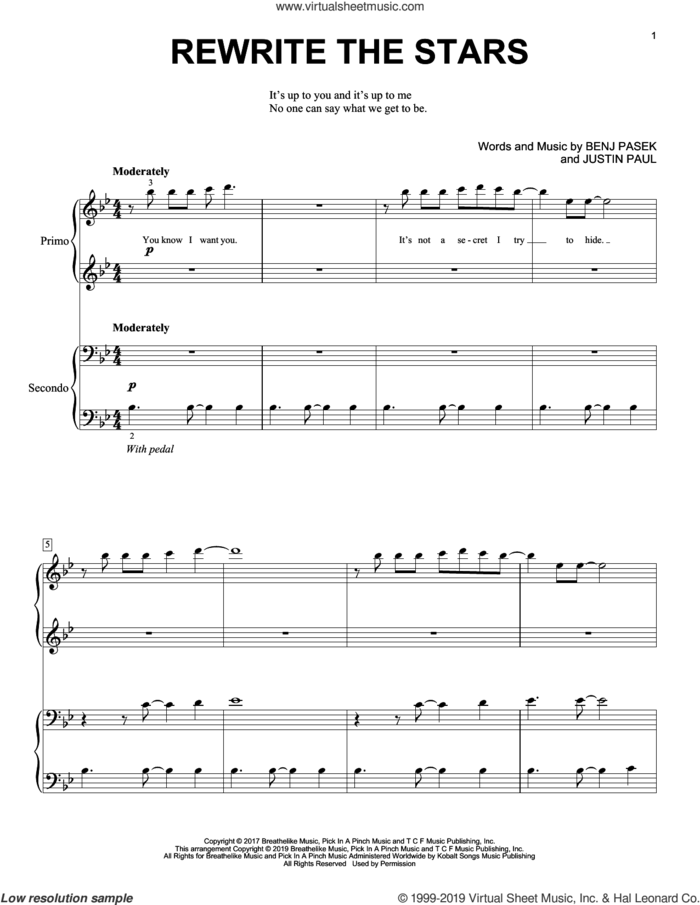 Rewrite The Stars (from The Greatest Showman) sheet music for piano four hands by Benj Pasek, Justin Paul and Pasek & Paul, intermediate skill level