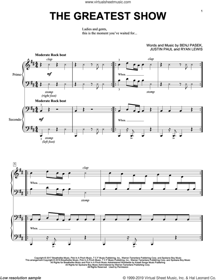 The Greatest Show (from The Greatest Showman) sheet music for piano four hands by Pasek & Paul, Benj Pasek and Justin Paul, intermediate skill level