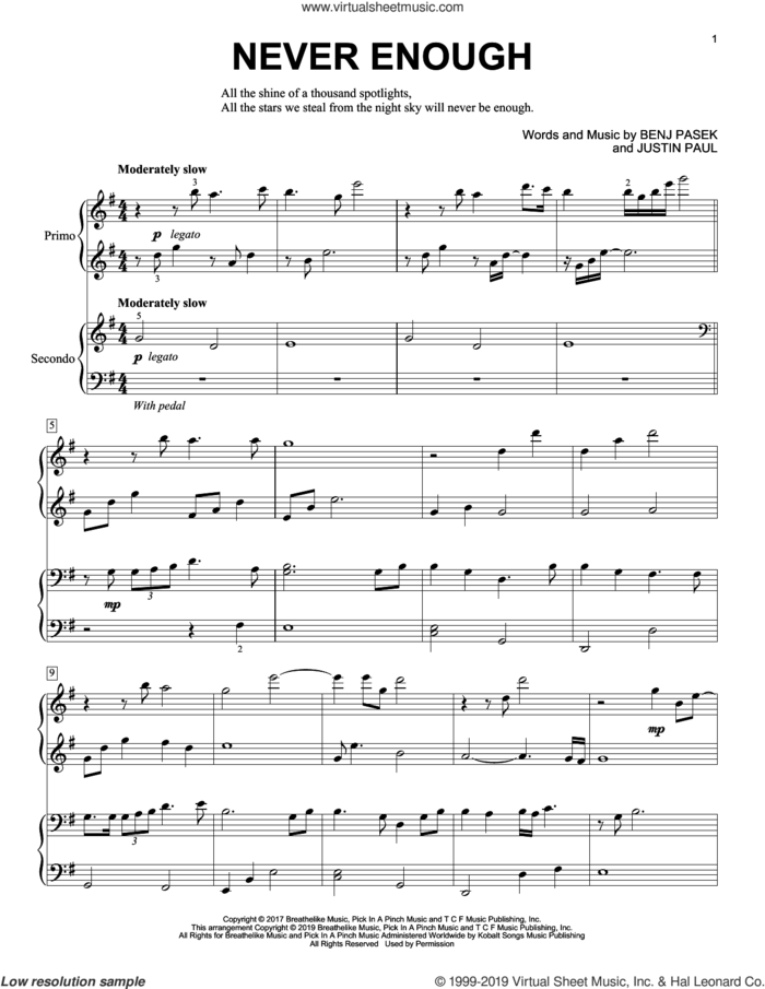 Never Enough (from The Greatest Showman) sheet music for piano four hands by Pasek & Paul, Benj Pasek and Justin Paul, intermediate skill level