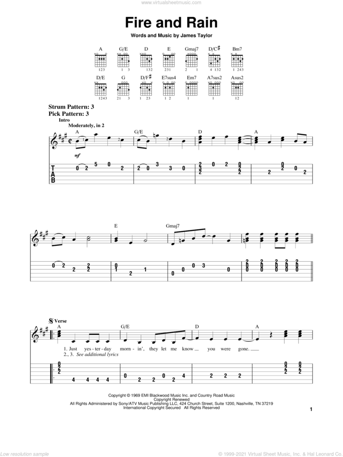 Fire And Rain sheet music for guitar solo (chords) by James Taylor, easy guitar (chords)