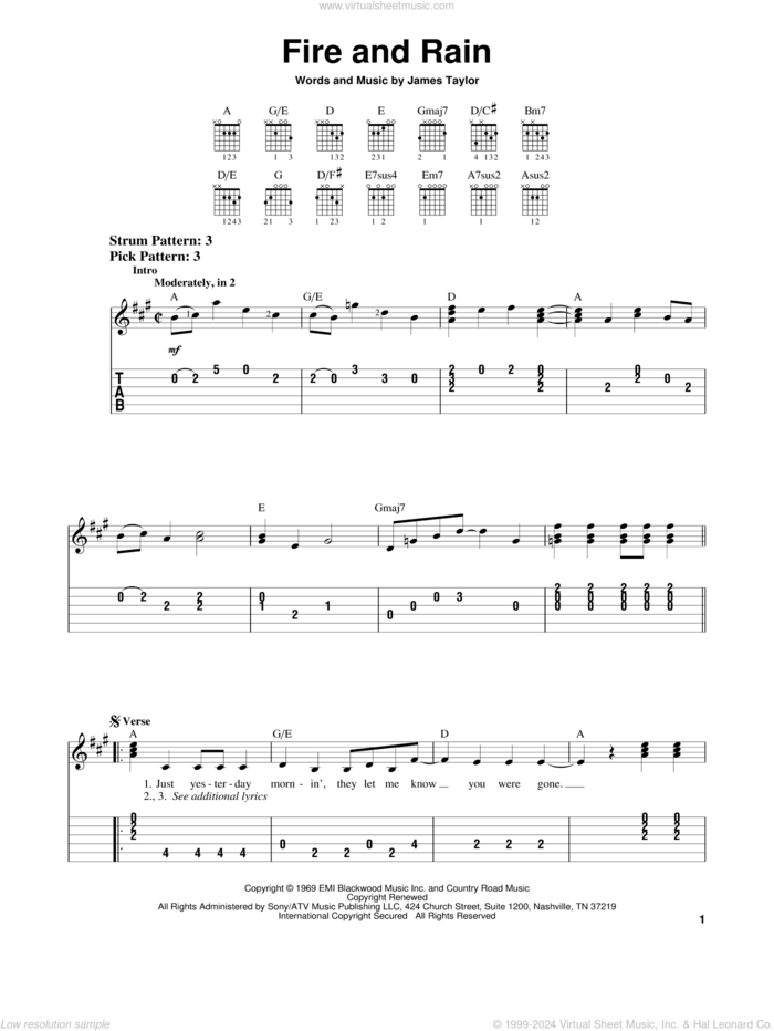 Fire And Rain sheet music for guitar solo (chords) by James Taylor, easy guitar (chords)