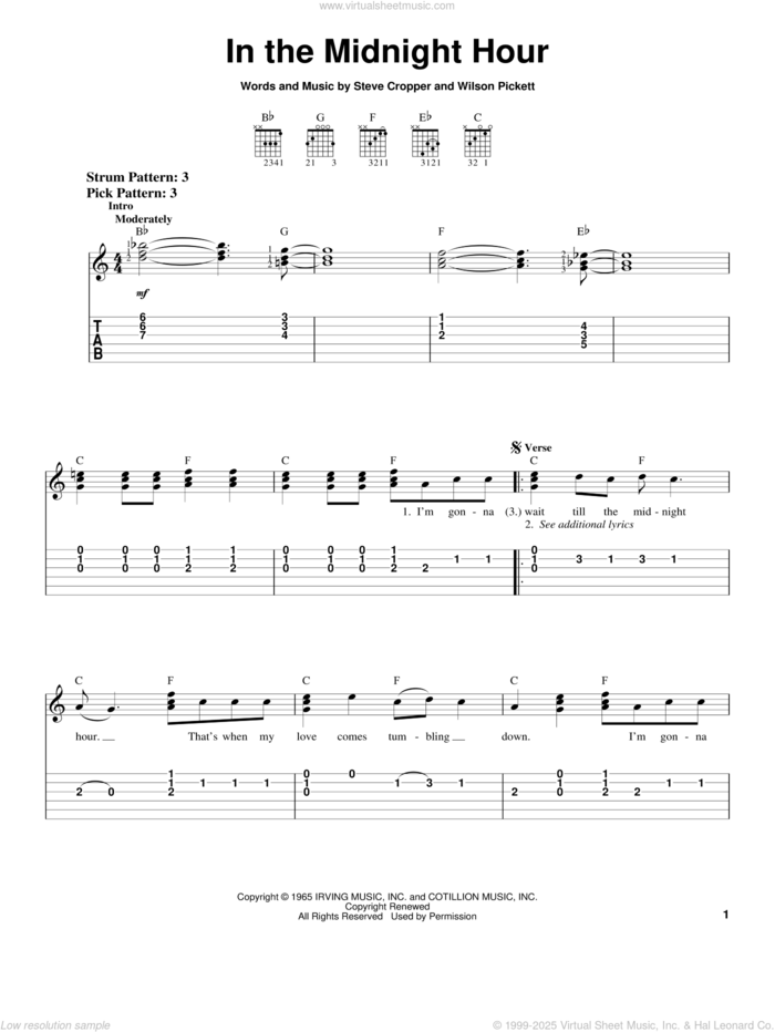 In The Midnight Hour sheet music for guitar solo (chords) by Wilson Pickett and Steve Cropper, easy guitar (chords)