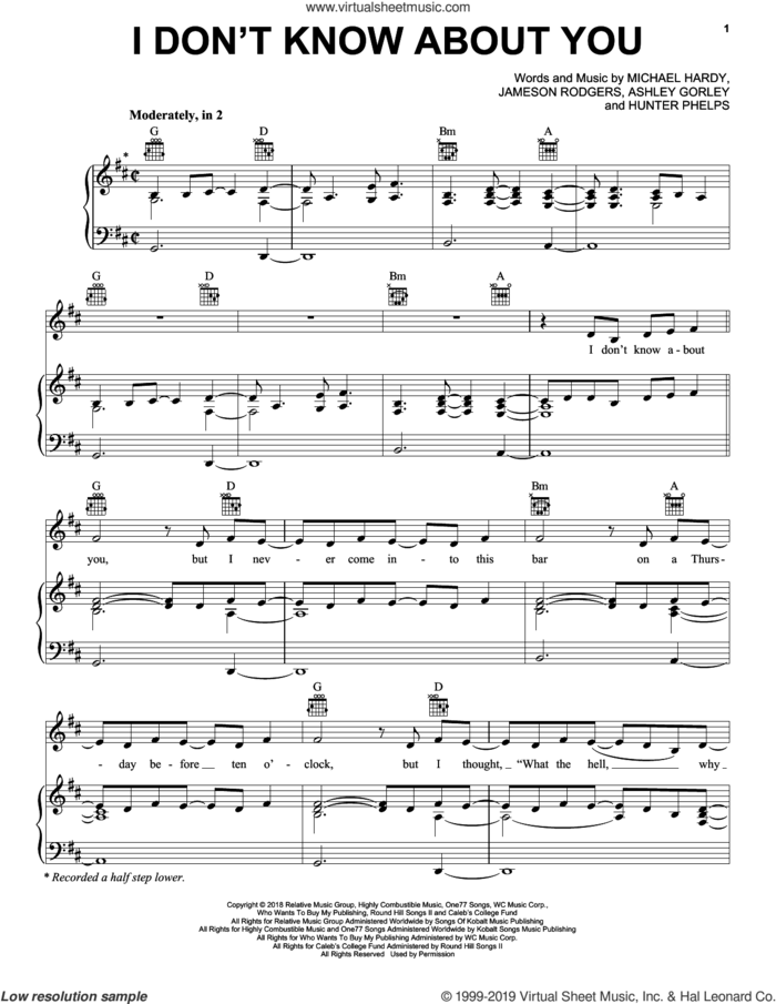I Don't Know About You sheet music for voice, piano or guitar by Chris Lane, Ashley Gorley, Hunter Phelps, Jameson Rodgers and Michael Hardy, intermediate skill level