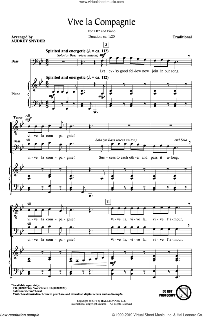 Vive La Compagnie (arr. Audrey Snyder) sheet music for choir (TB: tenor, bass)  and Audrey Snyder, intermediate skill level