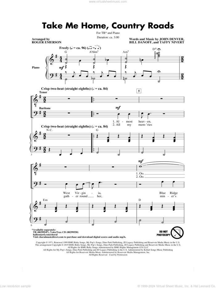 Take Me Home, Country Roads (arr. Roger Emerson) sheet music for choir (TB: tenor, bass) by John Denver, Roger Emerson, Bill Danoff and Taffy Nivert, intermediate skill level