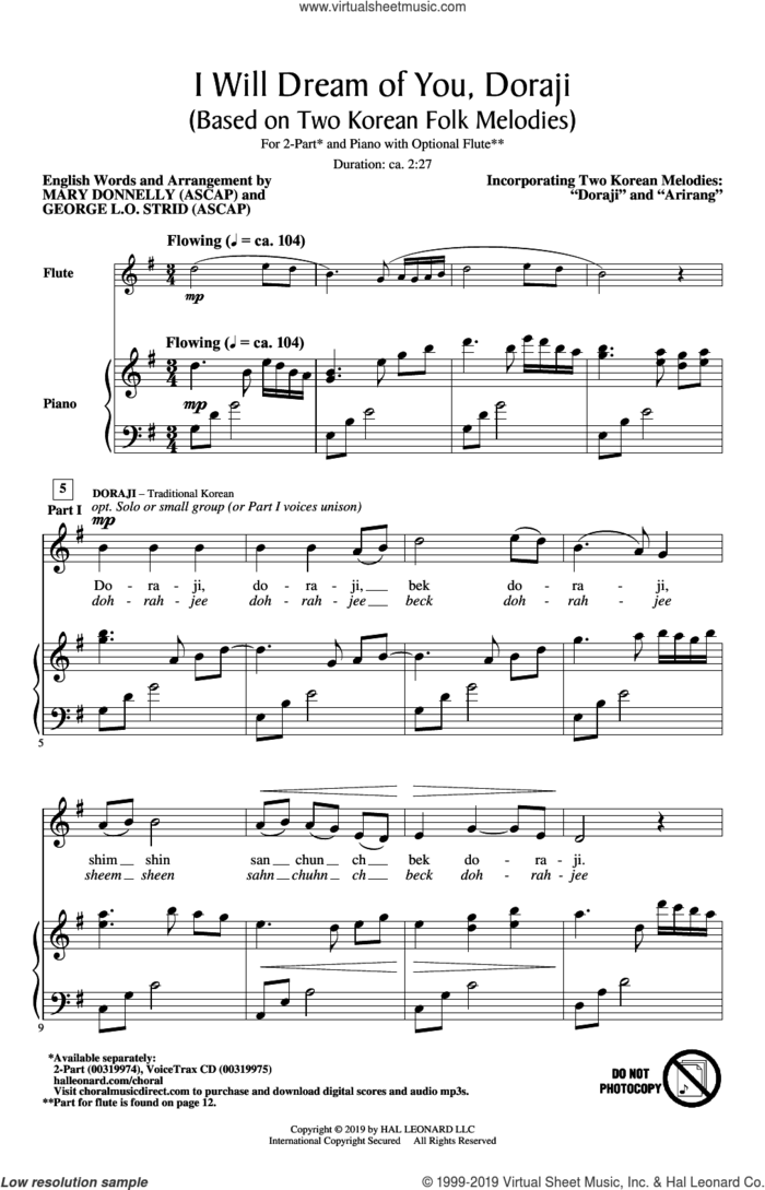 I Will Dream Of You, Doraji (Based on Two Korean Folk Melodies) sheet music for choir (2-Part) by Mary Donnelly, Mary Donnelly and George L.O. Strid, George L.O. Strid and Traditional Korean Folk Songs, intermediate duet