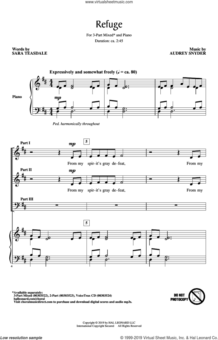 Refuge sheet music for choir (3-Part Mixed) by Audrey Snyder and Sara Teasdale, intermediate skill level