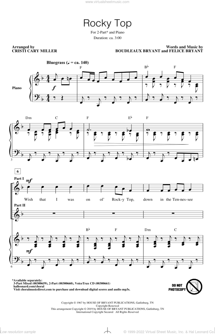 Rocky Top (arr. Cristi Cary Miller) sheet music for choir (2-Part) by Boudleaux Bryant, Cristi Cary Miller, Boudleaux Bryant and Felice Bryant and Felice Bryant, intermediate duet