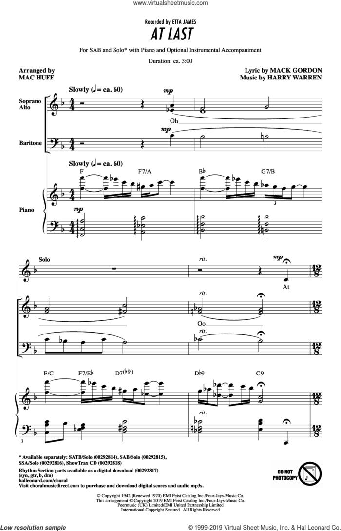 At Last (arr. Mac Huff) sheet music for choir (SAB: soprano, alto, bass) by Etta James, Mac Huff, Harry Warren and Mack Gordon, intermediate skill level