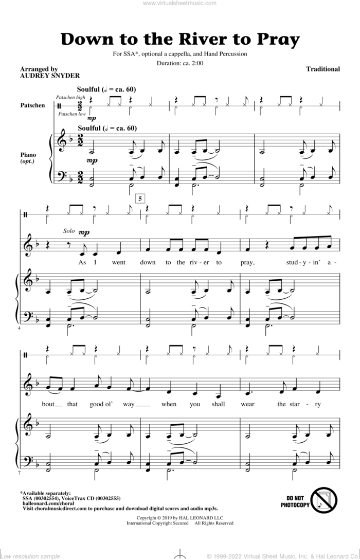 Down To The River To Pray (arr. Audrey Snyder) sheet music for choir (SSA: soprano, alto)  and Audrey Snyder, intermediate skill level
