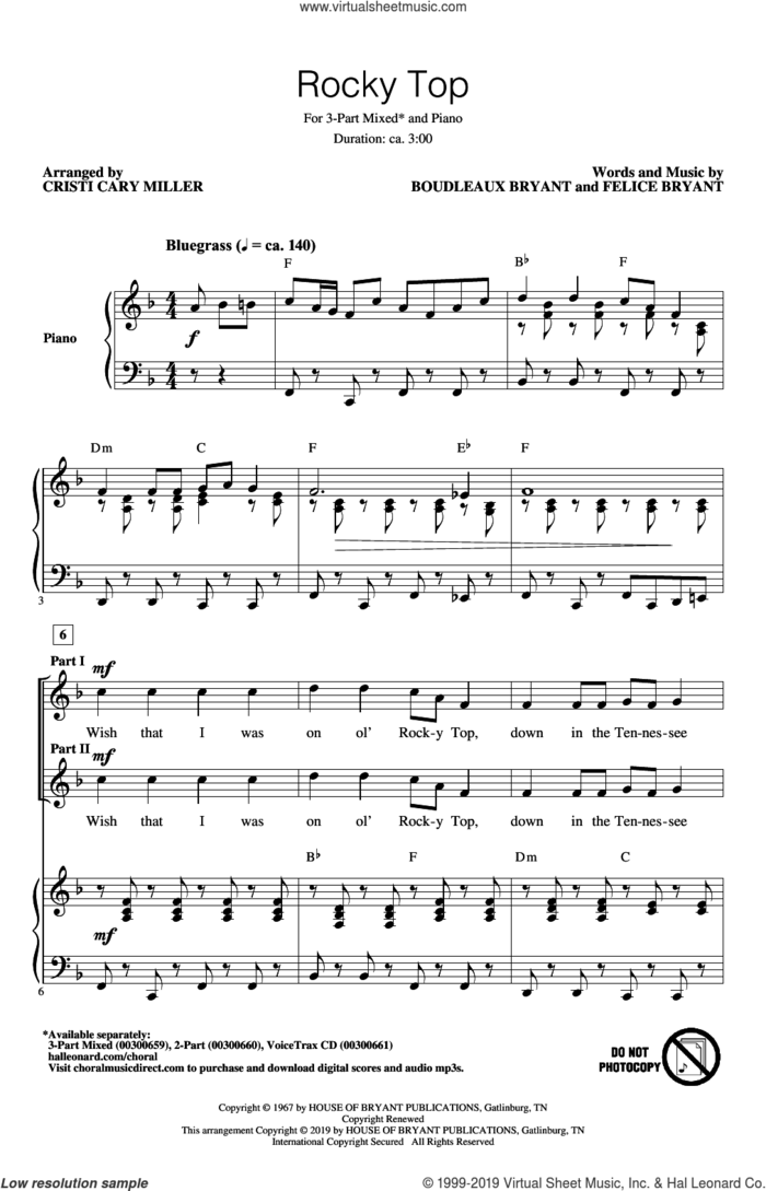 Rocky Top (arr. Cristi Cary Miller) sheet music for choir (3-Part Mixed) by Boudleaux Bryant, Cristi Cary Miller, Boudleaux Bryant and Felice Bryant and Felice Bryant, intermediate skill level