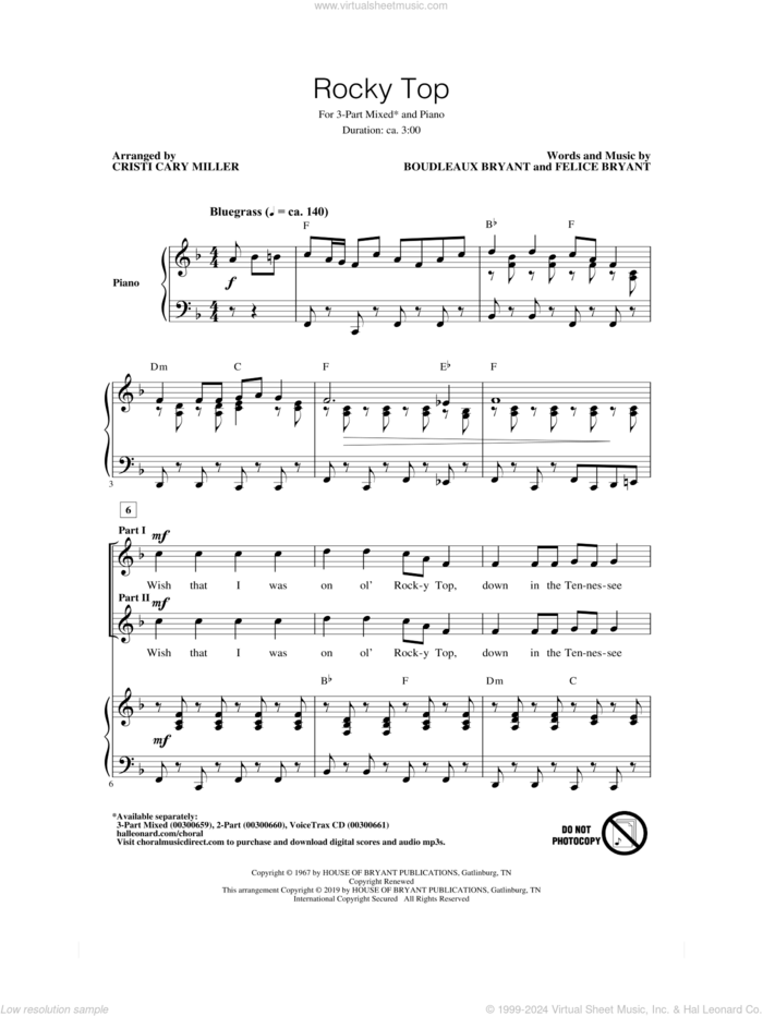 Rocky Top (arr. Cristi Cary Miller) sheet music for choir (3-Part Mixed) by Boudleaux Bryant, Cristi Cary Miller, Boudleaux Bryant and Felice Bryant and Felice Bryant, intermediate skill level