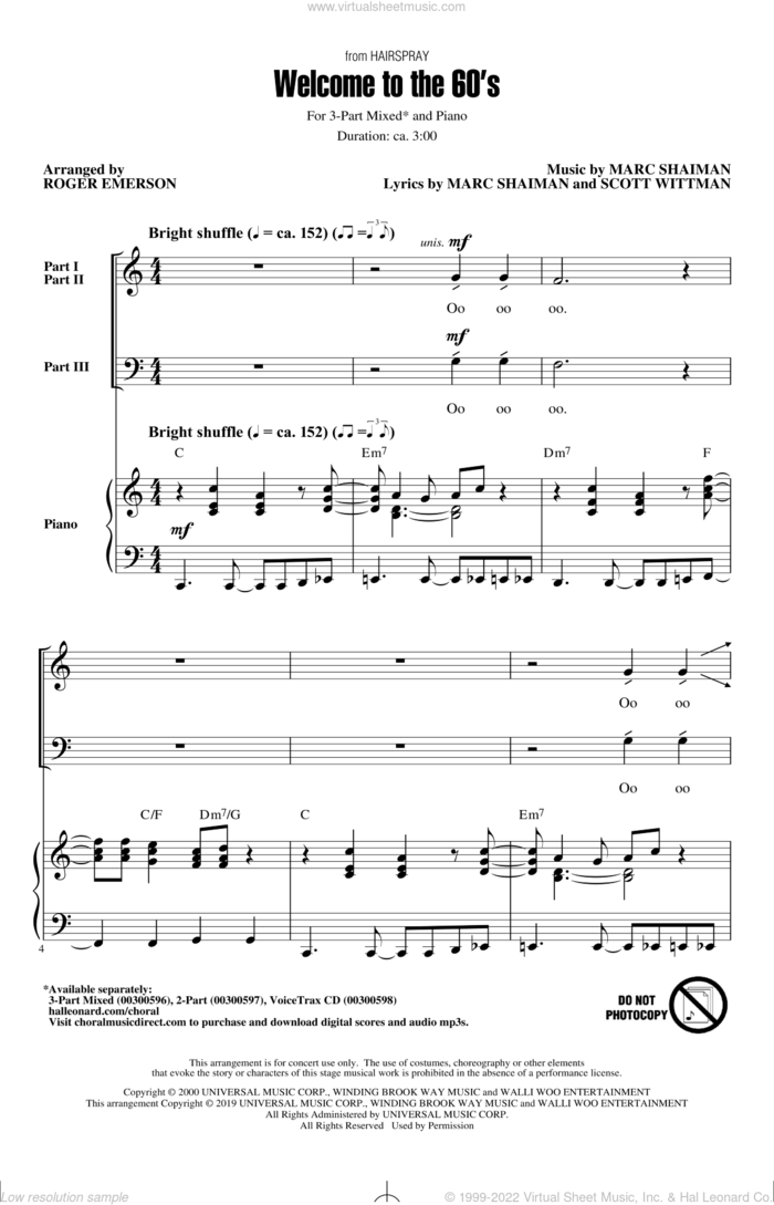 Welcome To The 60's (from Hairspray) (arr. Roger Emerson) sheet music for choir (3-Part Mixed) by Marc Shaiman, Roger Emerson, Marc Shaiman and Scott Wittman and Scott Wittman, intermediate skill level