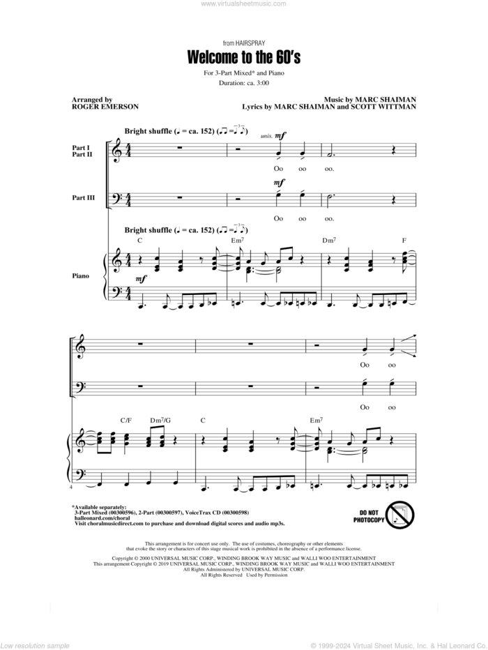 Welcome To The 60's (from Hairspray) (arr. Roger Emerson) sheet music for choir (3-Part Mixed) by Marc Shaiman, Roger Emerson, Marc Shaiman and Scott Wittman and Scott Wittman, intermediate skill level