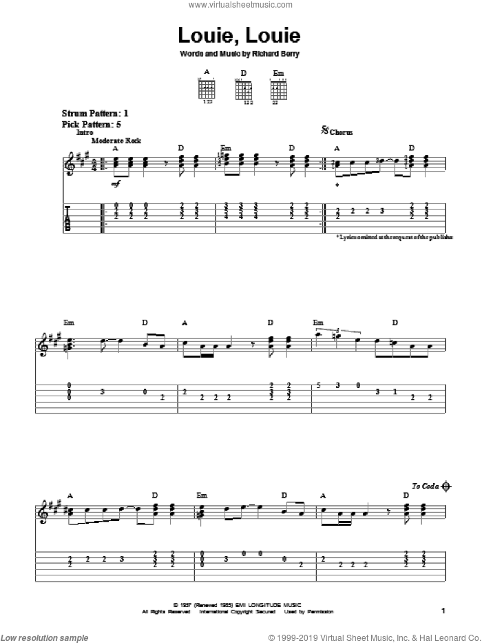 Louie, Louie sheet music for guitar solo (easy tablature) by The Kingsmen and Richard Berry, easy guitar (easy tablature)