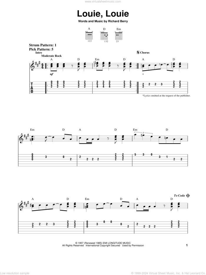 Louie, Louie sheet music for guitar solo (easy tablature) by The Kingsmen and Richard Berry, easy guitar (easy tablature)